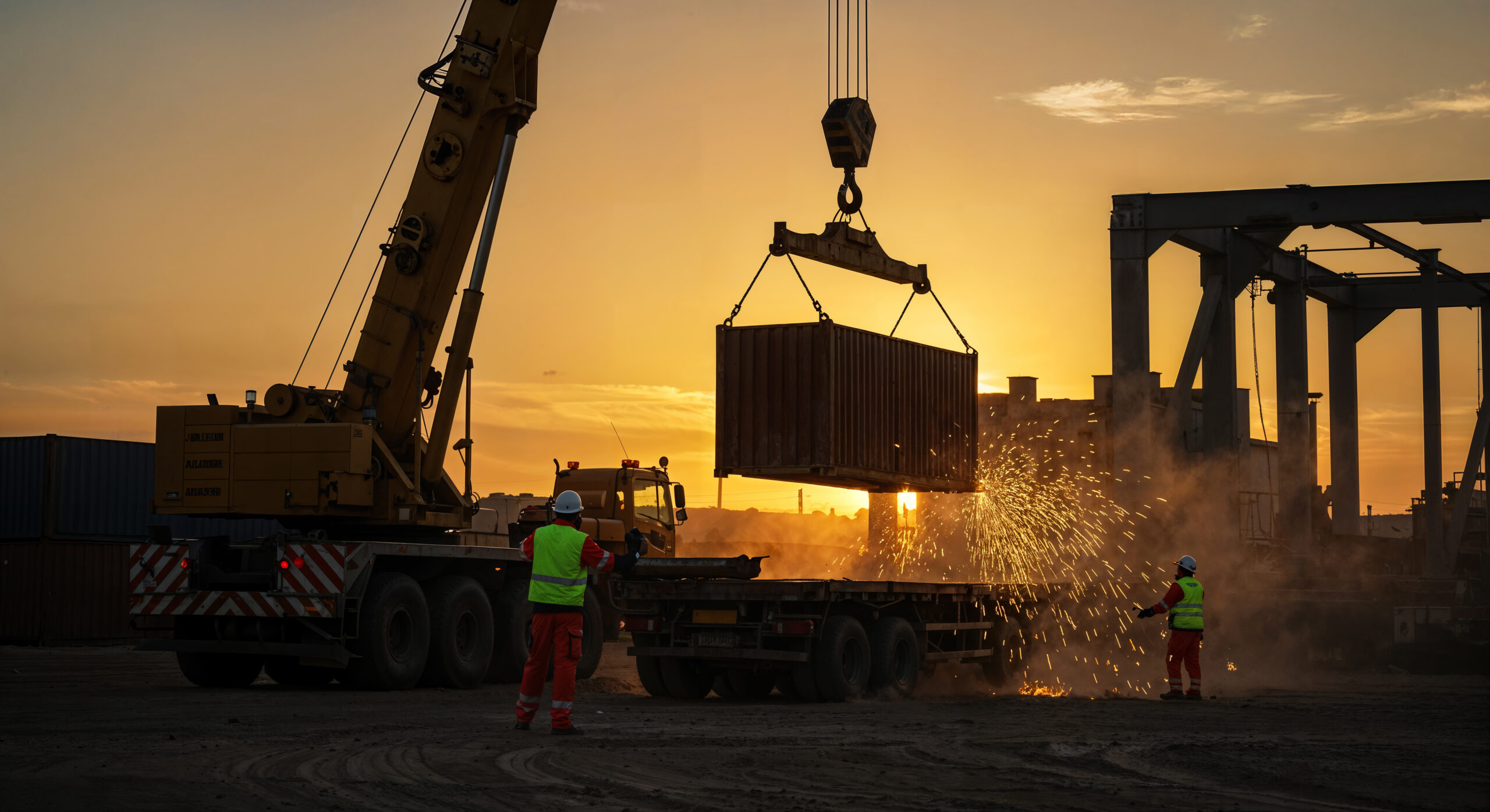 shipping-container-being-loaded-onto-truck-sunset